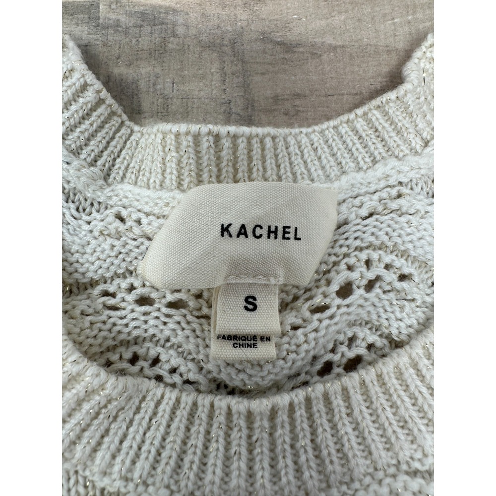 Anthropologie Kachel Shimmer Crochet Short Sleeve Sweater Size Small Offwhite - Picture 2 of 11